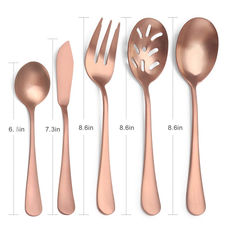sharecook Matte Rose Gold Serving Setï¼ŒSHARECOOK 5-Piece 18/0 Stainless Steel Large Hostess Set with Round Edge, Satin Finished, Dishwasher Safe -Spoons, Forks,Butter Knife& Slotted Spoon - Image 2